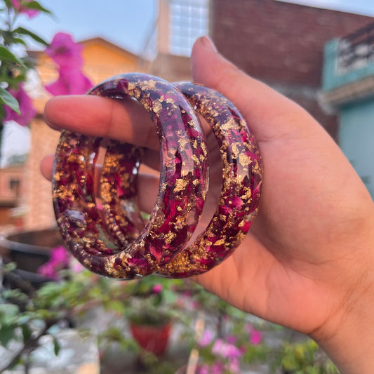 Handmade Real Rose Thick Resin Kada for Women | Preserved Flower Bangle | Gold Flake Bracelet | Pair of 2