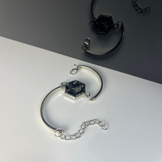 Hexagon Resin Anti-Tarnish Bracelet – Black Galaxy Flakes in Silver Bangle Design