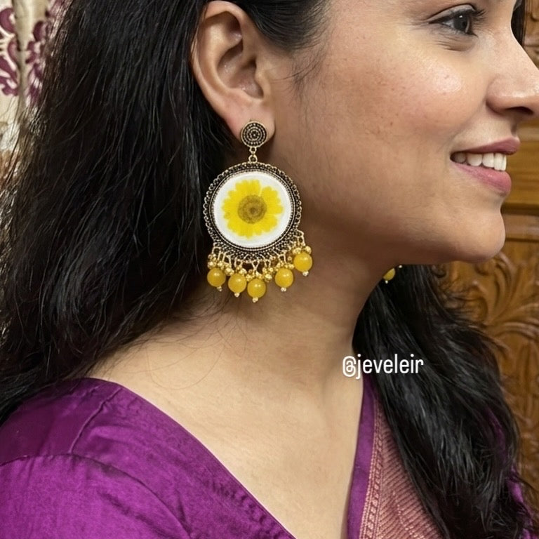 Yellow Daisy Jhumka Earrings – Handmade Real Flower Resin Floral Earrings | Jeveleir
