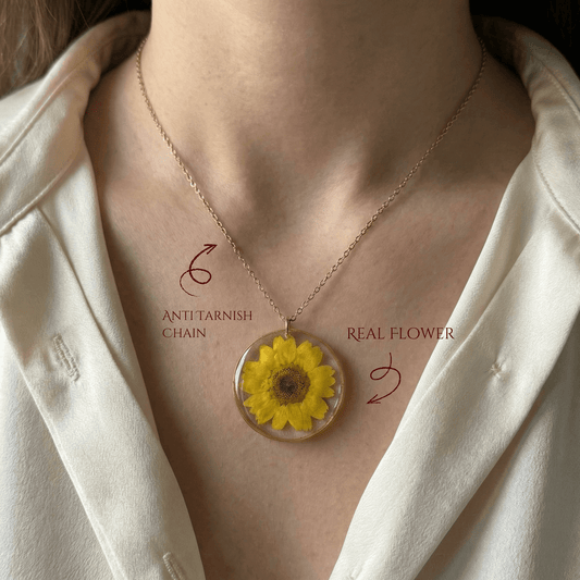 Real Yellow Daisy Necklace Handmade Resin Pendant | Anti-Tarnish Chain