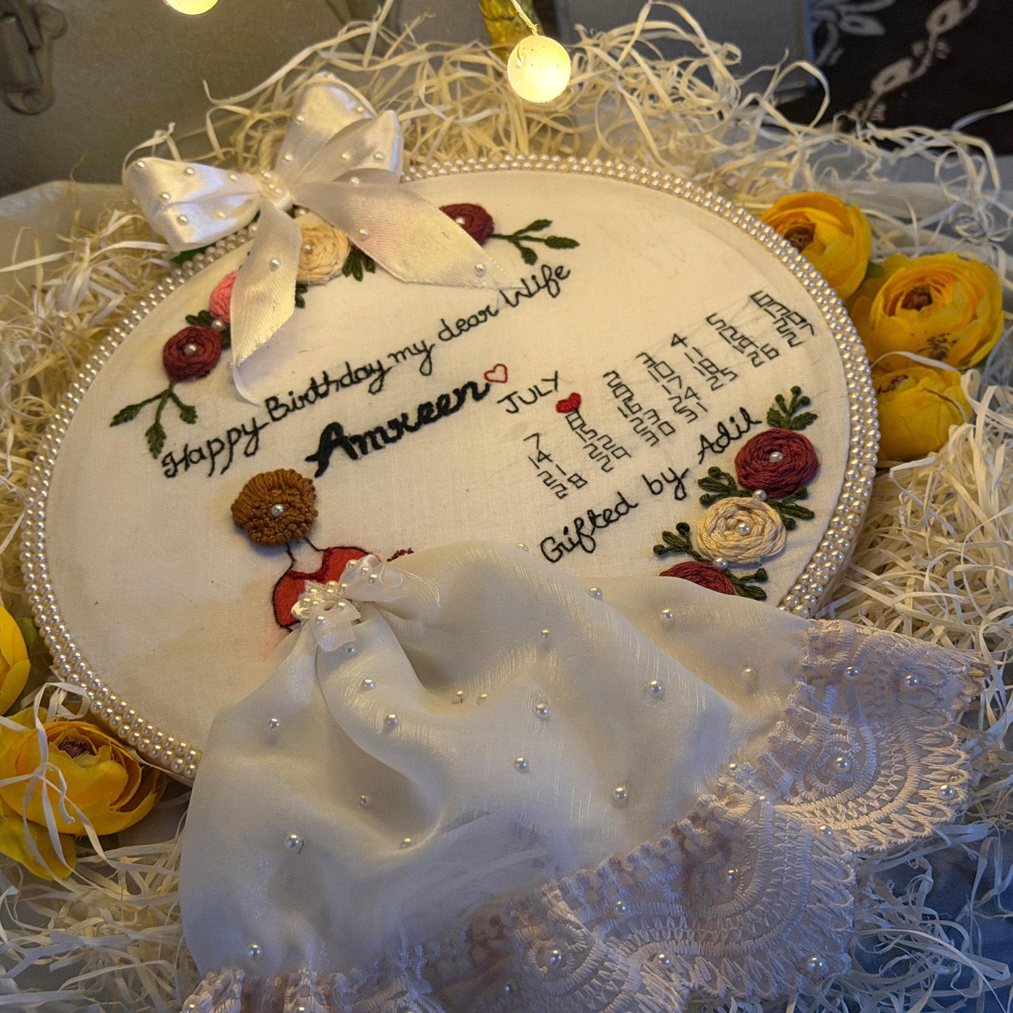 Customized Embroidery Hoop Art | Personalized Birthday & Anniversary Gift | Handmade Embroidered Name & Date Frame