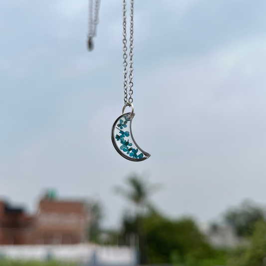 Minimalist Moon Blue Flower Anti-Tarnish Pendant- Customizable Gift for Her