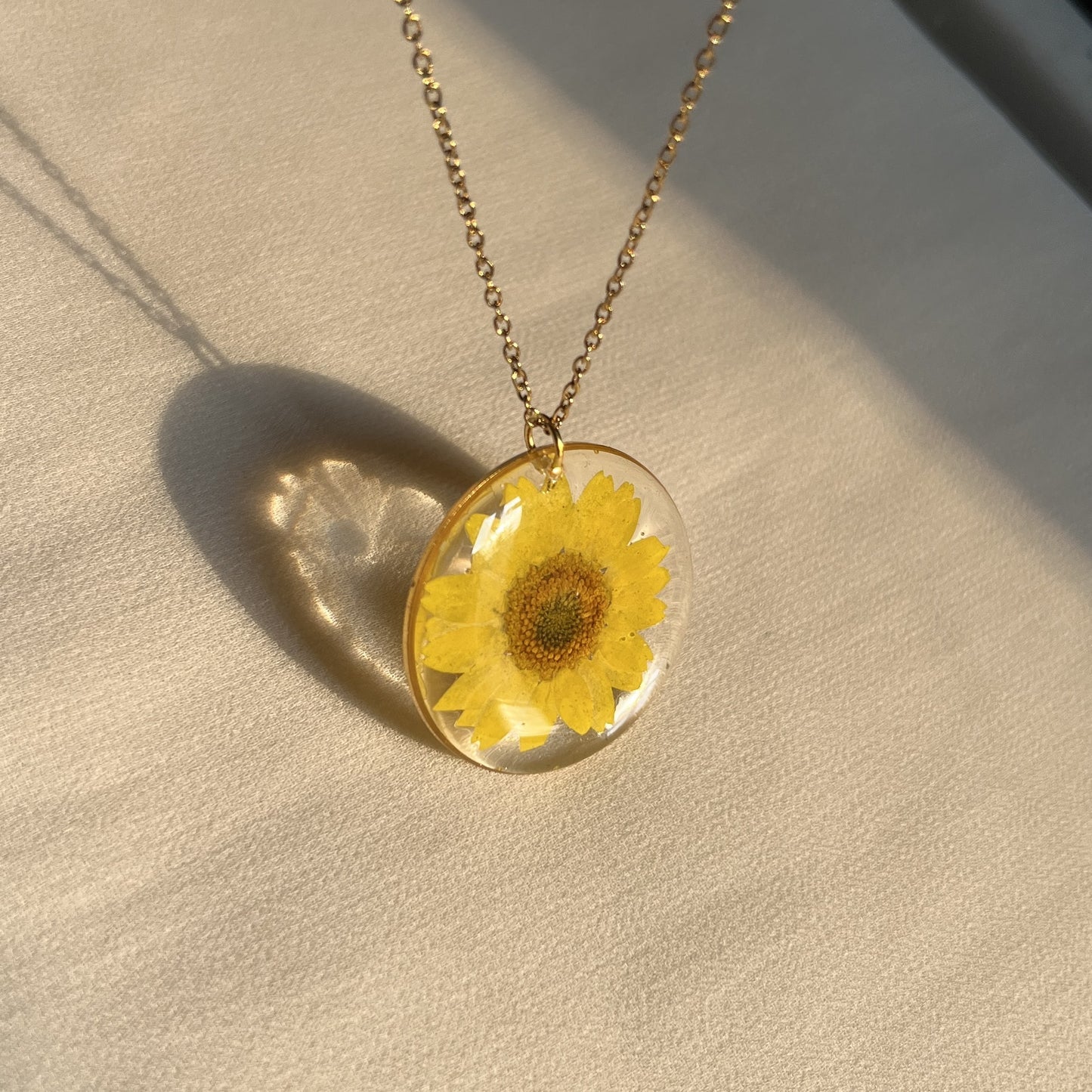 Real Yellow Daisy Necklace Handmade Resin Pendant | Anti-Tarnish Chain