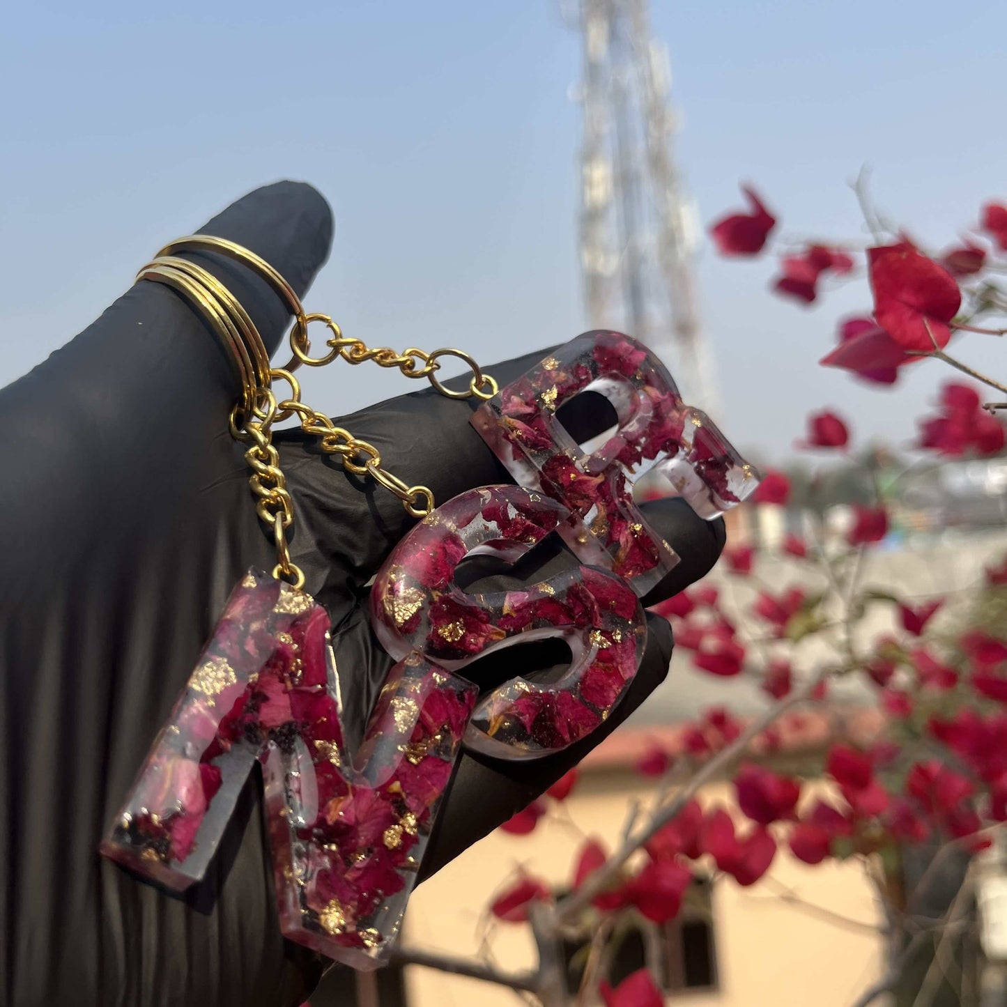 Real Rose Initial Name Keychain - Customise Gift For Her
