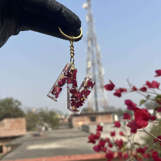 Real Rose Initial Name Keychain - Customise Gift For Her