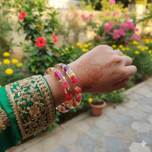 Real Multi colour Flower Resin Bangles (Pair of 2) – Handmade & Preserved Forever