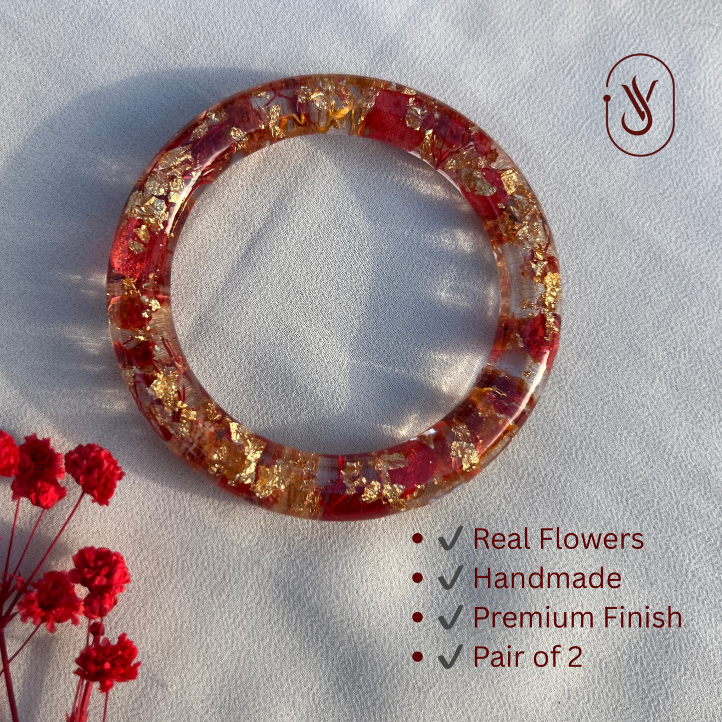 Real Red Flower Resin Bangles (Pair of 2) – Handmade & Preserved Forever